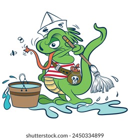 Iguana Pirates. Vector collection of old school tattoos. Maritime adventure. Traditional tattoo style. Captain, parrot, ship in storm, girl filibuster, compass, anchor, rum, treasure island, swallows