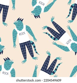 Iguana punk rocker in a white T-shirt "ROCK" and plaid pants hand drawn vector illustration. Funny animal character in clothes seamless pattern for kids fabric or wallpaper.