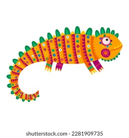 Iguana reptile with spines in ethnic design, exotic salamander. Vector lizard character, tribal chameleon. Iguana cartoon colorful mexican lizard