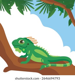 Iguana descansando em um galho de árvore na natureza, cercada por folhagem tropical. Ideal para a vida selvagem, répteis, animais da selva e temas de fotografia da natureza.