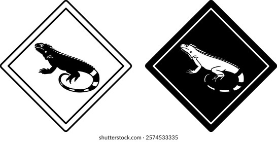 Iguana Road Signs. Black and White Vector Icons. Reptile, Lizard. Road Sign Warning Animals Crossing the Road. Zoo Sticker