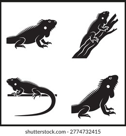 Iguana silhouettes in varied poses representing reptile behavior and climbing ability