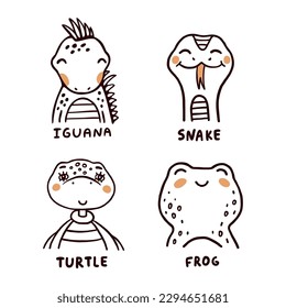 Iguana, snake, turtle and frog childish vector illustrations set on white background. Reptiles representants with names for children education