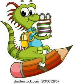 The iguana student is sitting on the big pencil of illustration