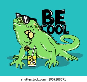 IGUANA WITH SUNGLASSES AND REFRESHING DRINK
