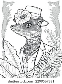 Iguana vector coloring book black and white for adults isolated line art on white background.