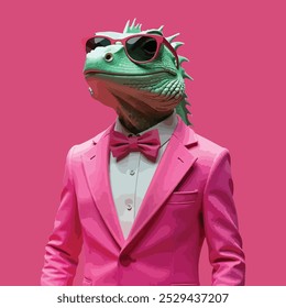 A iguana wearing a pink suit, white shirt, sunglass, and pinkbowtie against an pink background