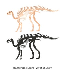 Siluetas fósiles de Iguanodon. Esqueleto de dinosaurio de dibujos animados, dinosaurio ornitópodo antiguo, huesos de raptor jurásico Ilustración vectorial plana. Esqueletos fósiles arqueológicos