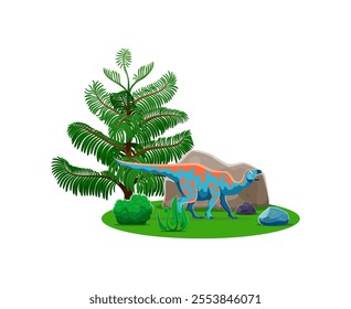 Iguanodon prehistoric dinosaur character. Isolated cartoon vector ancient herbivore dino reptile animal in natural environment with a tree, rocks and green plants. Late Cretaceous Mesozoic era lizard