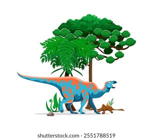 Caractere de dinossauro pré-histórico de Iguanodon. Lagarto do Cretáceo Superior Mesozoico. Animal réptil herbívoro antigo herbívoro isolado do vetor do desenho animado em ambiente natural com árvores, rochas e plantas verdes