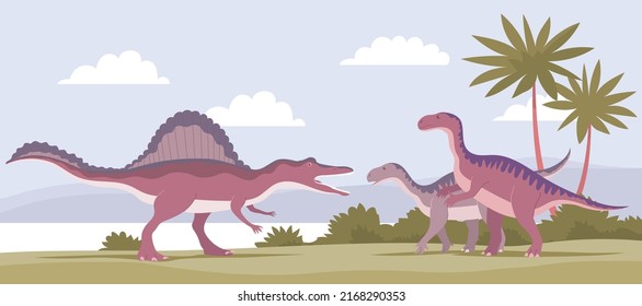 Iguanodon vs espinosaurio. Dinosaurios antiguos del período Jurásico. Ilustración de dibujos animados. Fondo natural prehistórico. Paisaje salvaje