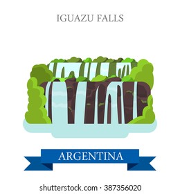 Iguazu Falls in Argentina. Flat cartoon style historic sight showplace attraction web site vector illustration. World countries cities vacation travel sightseeing South America collection.