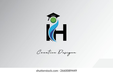 IH Creative Letter Logo com Boné de Graduação e Abstrato Humano - Educação Moderna e Design de Símbolo de Aprendizagem	