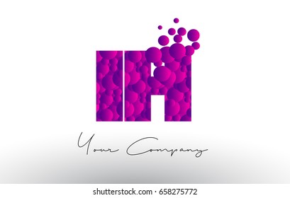 IH I H Dots Letter Logo with Purple Pink Magenta Bubbles Texture Vector.