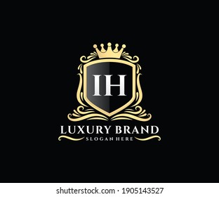 IH Initial Letter Gold calligraphic feminine floral hand drawn heraldic monogram antique vintage style luxury logo design.