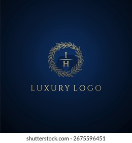 IH letter monogram luxury wedding with creative circle leaf gold