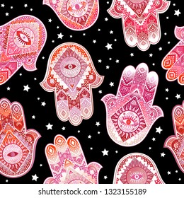 IHamsa print design. Aztec towel, yoga mat. Vector lace Henna tattoo style. Can be used for textile, greeting business card background, phone case print