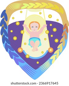 Ihe background of the illustration depicts a starry night, with stars in the sky extending like lanterns shining above the infant Jesus. The colors of blue and yellow emphasize the Ukrainian identity