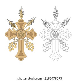 IHS GOLD EMBROIDERY FOR LITURGICAL CLOTHES AND SACRED CEREMONIES. SACRED CATHOLIC SYMBOLS IN ANCIENT STYLE WITH GOLDEN DECORATIONS