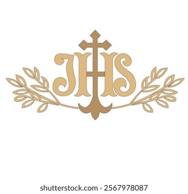 IHS GOLD EMBROIDERY FOR LITURGICAL CLOTHES AND SACRED CEREMONIES. SACRED CATHOLIC SYMBOLS IN ANCIENT STYLE WITH GOLDEN DECORATIONS