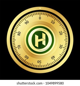 IHT Real Estate Protocol (IHT) cryptocurrency safe lock. Eps10 vector illustration isolated on black background.