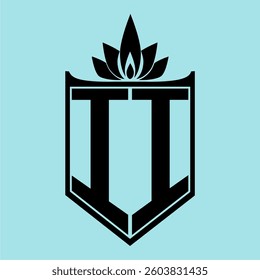 II Logo featuring a minimalist design with a crown-like flower symbol on top, bold black elements, and a soft blue background, perfect for branding and modern visual identity.