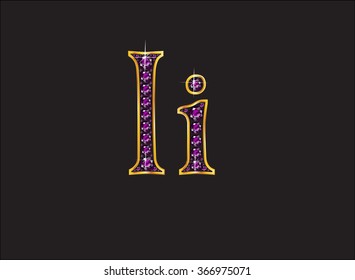 Ii in stunning amethyst precious round jewels set into a 2-level gold gradient channel setting, isolated on black. Vector EPS-10 file, transparency used. 