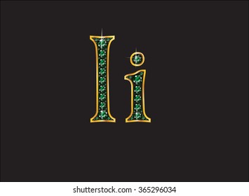 Ii in stunning emerald precious round jewels set into a 2-level gold gradient channel setting, isolated on black. Vector EPS-10 file, transparency used. 
