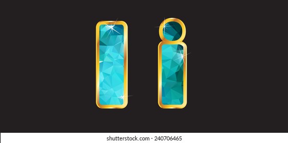 Ii in this series of letters made from 2 channels of gradient gold and a multi-layered teal aquamarine sparkling faceted interior. Vector EPS-10 file, transparency used. 