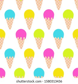 Iice cream pattern. Seamless pattern with ice-cream cone in tasty bright colors. Vector illustration.