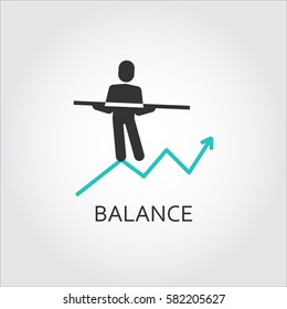 Iicon of balance as man goes on the chart. Vector illustratioin. Business balance concept. Logo drawn in flat style. Simple black label. Image for your design needs. Contour graphics