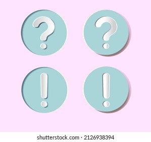 Cons con un signo de interrogación y un signo de exclamación.  Marca de puntuación. Botones redondos con relieve.  Los botones son convexos y concave. Colección de iconos realistas 3D.  Recorte de papel.