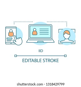 IID concept icon. Internet identity idea thin line illustration. Account identification. User authorization. Profile on smartphone, laptop. Vector isolated outline drawing. Editable stroke