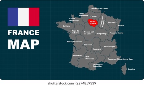 IIe-de-France Map, IIe-de-France red highlighted in 🇫🇷 FANCE 🇫🇷 map, flat design illustration vector