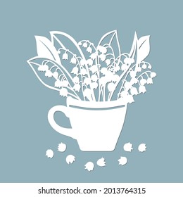 Iilies of the valley in a cup. Template for laser cutting and Plotter. Flowers, leaves for decoration. Vector illustration. Sticker flowers. plotter and screen printing.