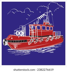 IIllustration, artificial intelligence not used, hand drawn, tug, sea, port, towing, transport, boat, ship, navigation, mooring, logistics, services, color