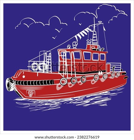 IIllustration, artificial intelligence not used, hand drawn, tug, sea, port, towing, transport, boat, ship, navigation, mooring, logistics, services, color