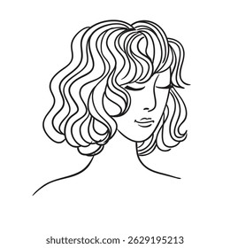 Iillustration of a beautiful woman with curly hair on white background. Template for curly hair care cosmetic logo design. 