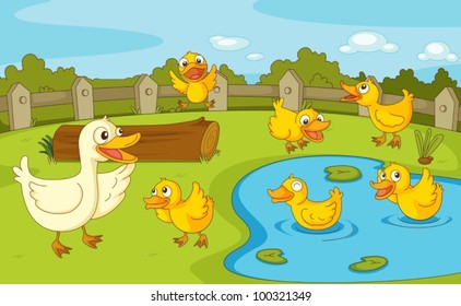 IIllustration of a family of ducks at the pond