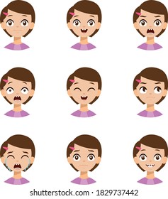 Iillustration of a girl with brown hair and brown eyes with different facial expressions