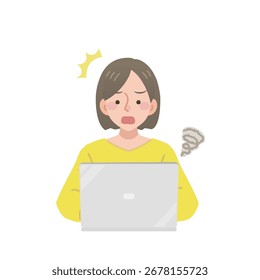 Ilustración de una mujer en pánico por la computadora rota