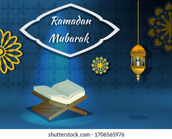 iillustration of ramadan mubarak with lantern and ornament patterns. candle in the lantern.Quran illustration.illustration of an open quran page.illustration of light that illuminates the Quran