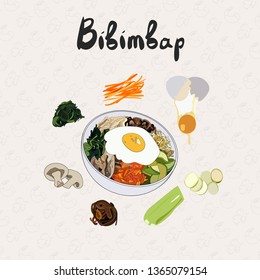 IIllustration for recipe bibimbap. Bibimbap korean traditional dish with fried egg. Asian cuisine. Set of ingredients for cooking bibimbap. Hand drawn vector colorful illustration.