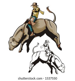 IIllustration of a rodeo cowboy riding a bull.