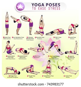 Iillustration of the sequence of performing 15 poses of yoga for stress relief. Female figures depicting various asanas from the complex of yoga exercises.