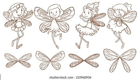 IIllustration of the simple sketches of a fairy on a white background