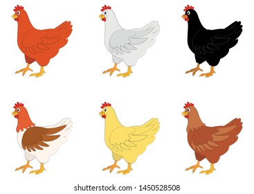 Iillustration of six different color chickens on a white background