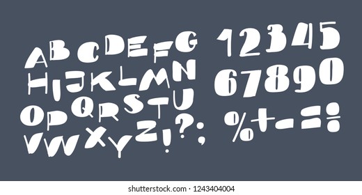 Iillustration of Slanted Sans font on dark background. Latin letters and numbers on dark bakcground. Cute funny symbols.