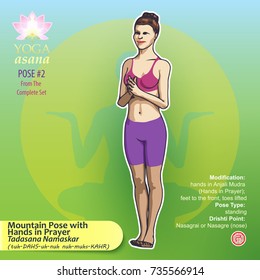 Iillustration of Yoga Exercises with full text description, names and symbols of the involved chakras. Female figure showing the position of the body, posture or asana in standing position.