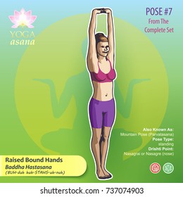 Iillustration of Yoga Exercises with full text description, names and symbols of the involved chakras. Female figure showing the position of the body, posture or asana in standing position.